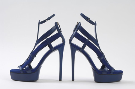blue high heel sandals with zip-up back and ankle strap